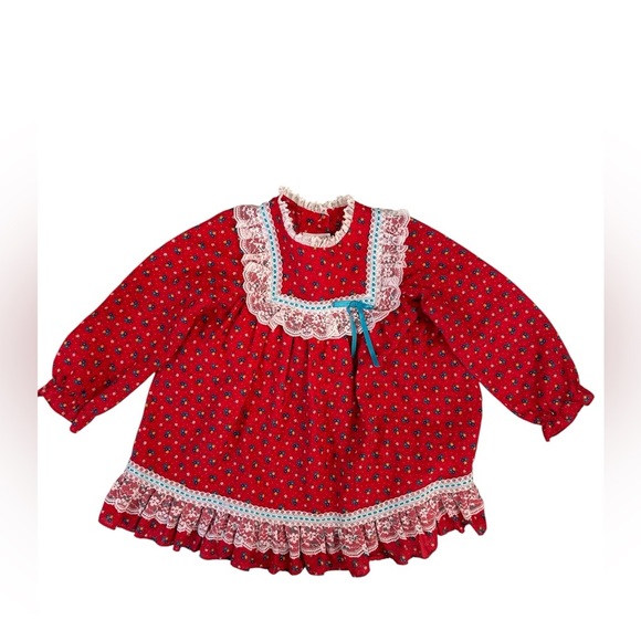 Vintage Winnie the Pooh Dress 3T Toddler Red Flowers White Lace USA EUC - Picture 1 of 8